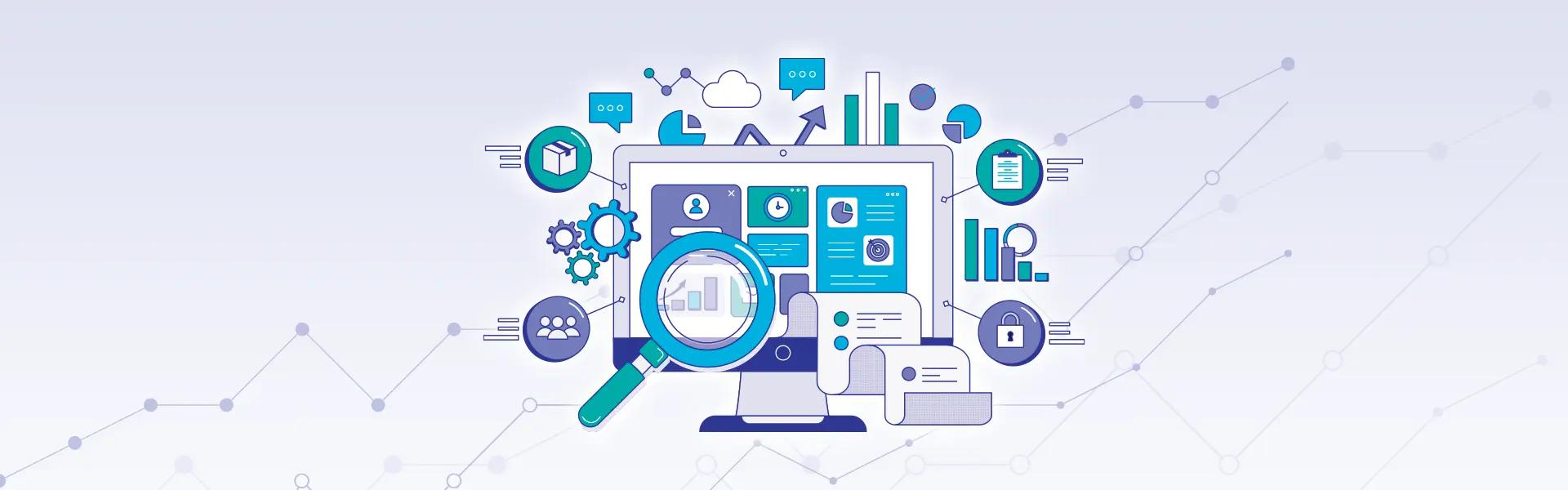 Computer with magnifying glasses and various tech and business icons