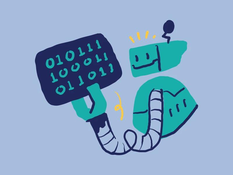 robot holding screen of zeros and ones